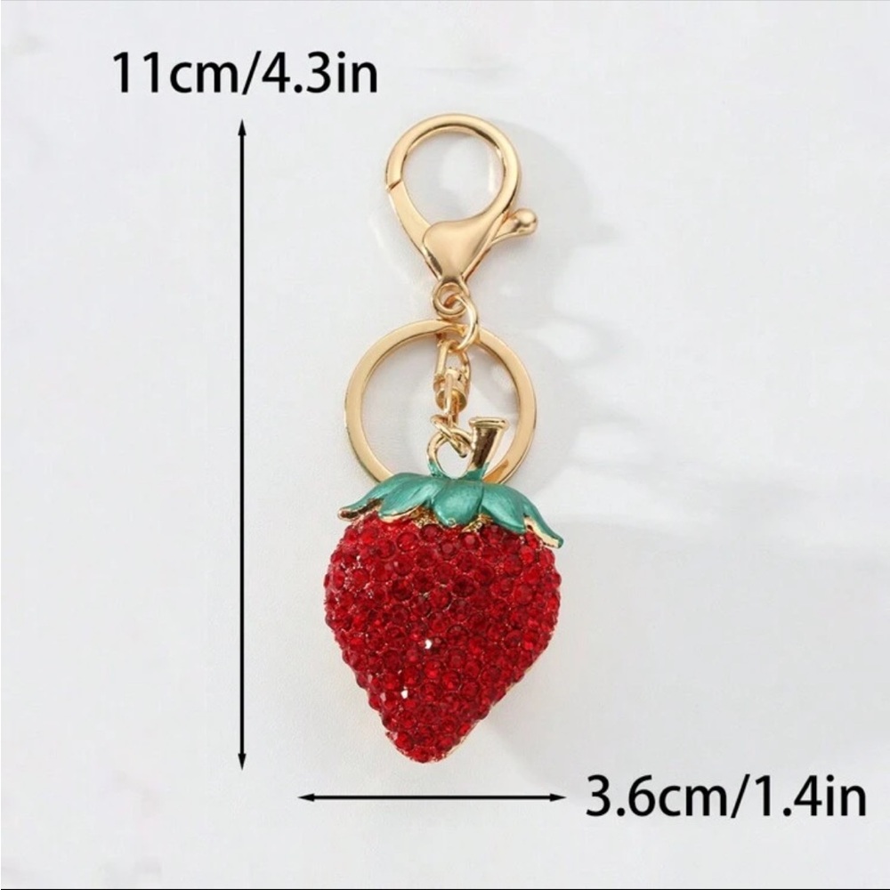 Sparkling Rhinestone Strawberry 🍓 Bag Charm Keychain with Gold Hardware NWT - Picture 3 of 8